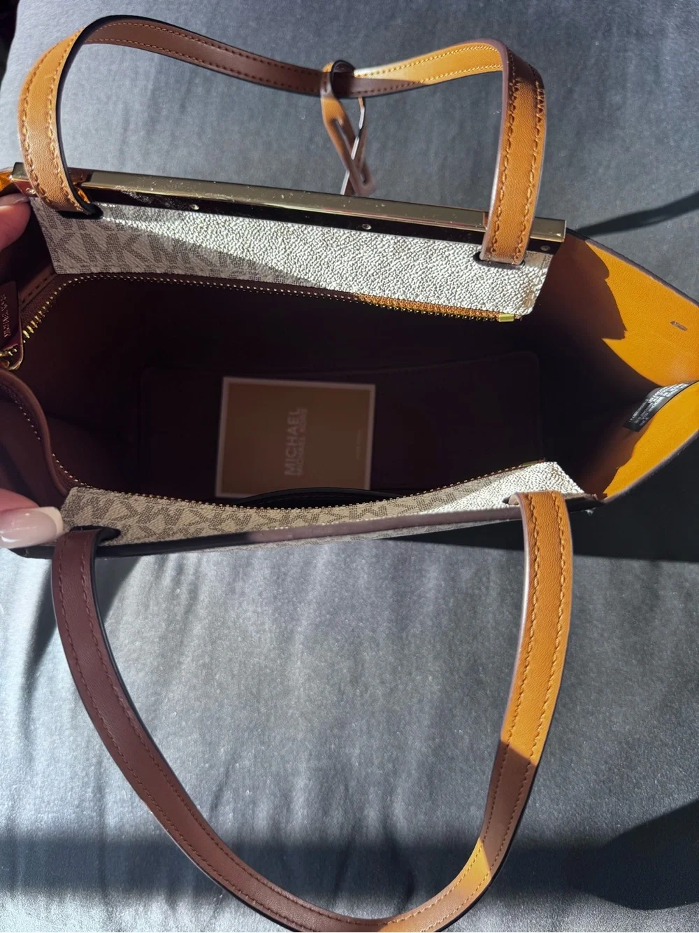 Michael Kors Cream/Light Gray Monogram Tote with Brown Handles